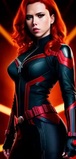 Heroine in red and black with illuminated background.