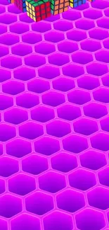 3D purple hexagons with colorful cubes.