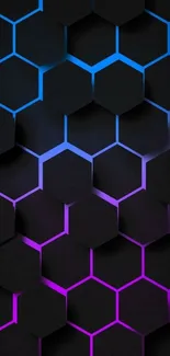 Vibrant hexagonal wallpaper with black, purple, and blue hues.