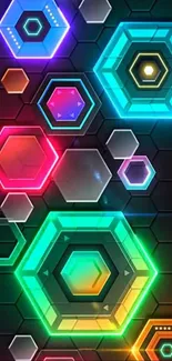 Colorful neon hexagon pattern wallpaper with geometric designs.