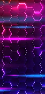 Vibrant neon hexagon wallpaper with pink and blue hues creating a modern tech look.