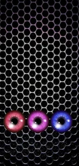 Vibrant hexagonal honeycomb wallpaper with neon colors for mobile background.