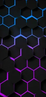 Vibrant black, purple, and blue hexagon wallpaper.