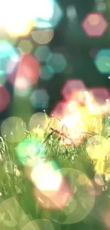 Vibrant wallpaper with colorful hexagonal bokeh and sunlight reflections.