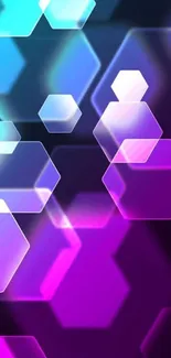 Vibrant hexagonal glow wallpaper with purple and teal hues.