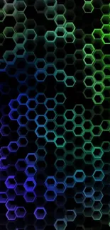 Vibrant blue and green hexagonal pattern wallpaper.