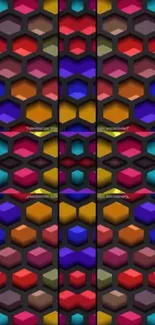 Vibrant hexagonal 3D pattern wallpaper with colorful shapes.