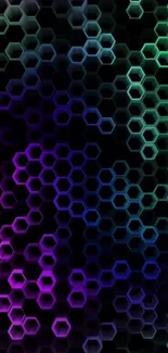 Vibrant hexagonal pattern with gradient colors on a dark background wallpaper.