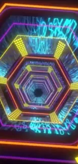 Vibrant neon hexagonal tunnel wallpaper