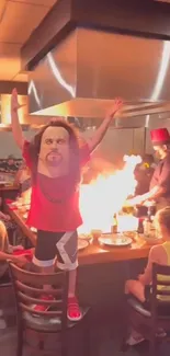 Exciting hibachi dining scene with flames and a lively atmosphere.