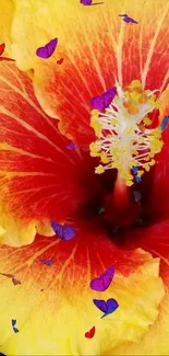 Vibrant yellow hibiscus with colorful butterflies.