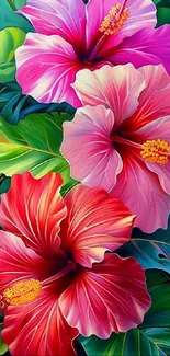 Colorful hibiscus flowers on a green leafy background.