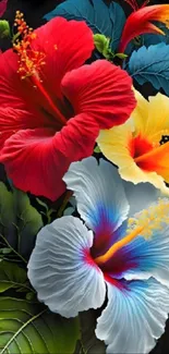 Vibrant hibiscus flowers wallpaper with red, yellow, and white blossoms on dark background.