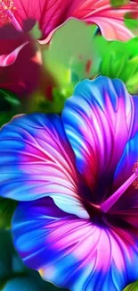 Vibrant blue and pink hibiscus with green leaves wallpaper.