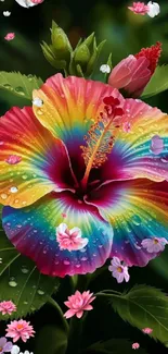 Vibrant hibiscus flower with colorful petals and dew on a green background.