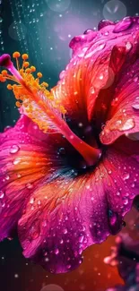 Vibrant pink hibiscus flower with water droplets.