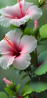 Pink hibiscus flowers with green leaves wallpaper.