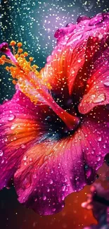 Vibrant pink hibiscus flower with droplets.