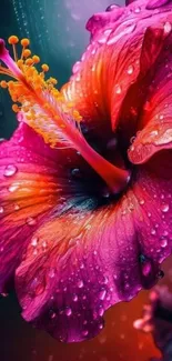 Vibrant pink hibiscus flower with droplets on petals.