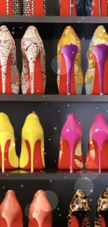 A vibrant wallpaper of colorful high heels on shelves.