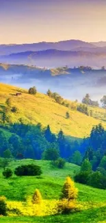 Vibrant hillside landscape with green hills and a colorful sky at sunrise.