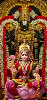 Vibrant depiction of Hindu deities adorned with flowers.