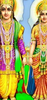 Colorful Hindu deities in traditional attire with radiant halos.