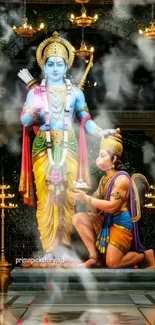 Hindu deities in vibrant temple artwork.
