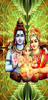Hindu deities with vibrant patterns in colorful artwork.