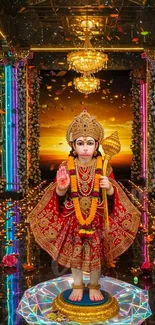 Hindu deity statue with vibrant decorations in a temple setting.