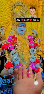 Vibrant Hindu deity with flowers and golden background