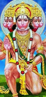 Vibrant and colorful wallpaper of the Hindu deity Hanuman against a blue sky.