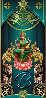 Vibrant deity with lions and elephants on teal background.