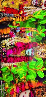 Colorful deity adorned with traditional attire amidst green foliage.