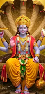 Vibrant artistic depiction of a Hindu deity with multiple arms and colorful attire.