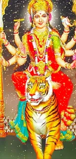 Colorful Hindu goddess with tiger mobile wallpaper.