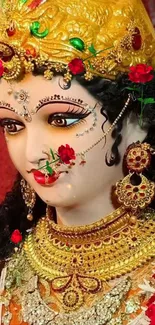 Stunning Hindu goddess with gold jewelry and red roses.