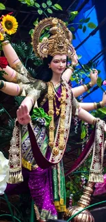 Goddess statue surrounded by vibrant flowers.