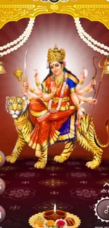 Bright Durga goddess with tiger on red background