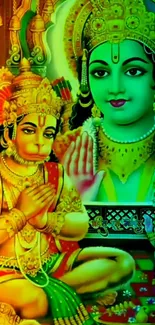 Vibrant Hindu mythology art featuring Hanuman and deity.