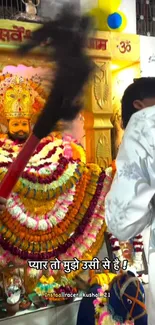 Hindu temple ceremony with vibrant garlands and traditional attire.