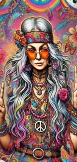 Hippie woman with peace sign in vibrant colors.