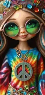 Colorful hippie character with vibrant attire and peace symbol.