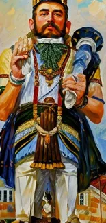 Vibrant painting of a historical figure in traditional attire.