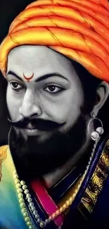 Vibrant portrait of historical figure with orange turban and ornate attire.