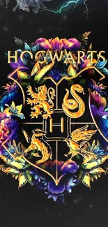 Vibrant Hogwarts crest with dragon and lightning.