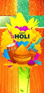 Bright orange Holi wallpaper with colorful festival theme.