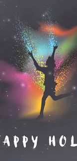 Colorful Holi festival wallpaper with a dynamic silhouette and vibrant splashes.