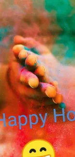 Vibrant Holi festival wallpaper with colors and emoji.