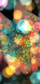 Hands holding vibrant Holi powder in colorful hues.